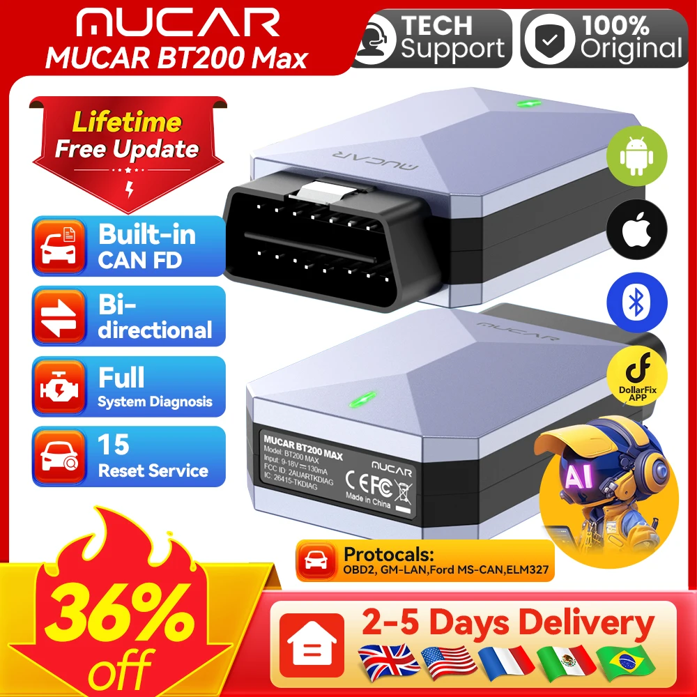 MUCAR BT200 Max OBD2 Scanner AI Assisted CAN FD Bi-directional  All System Diagnostic Tool 15 Reset Lifetime Free Update