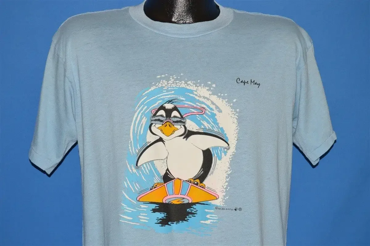 80s Cape May New Jersey Penguin Surfing Iron On T Shirt Large