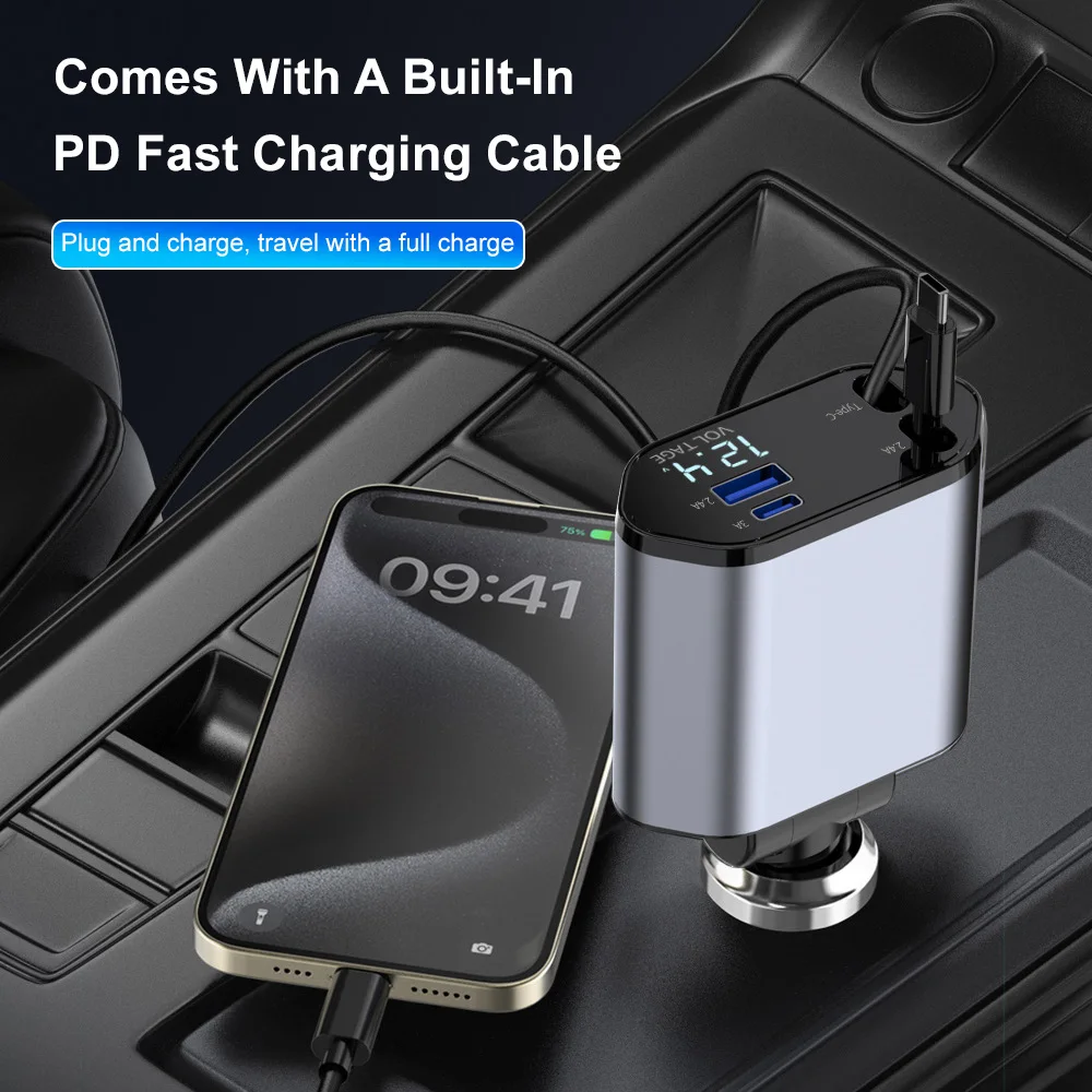 120W Fast Charging Car Charger Dual Retractable Type‑C Cables Dual USB‑A Digital Voltage Display Car Cigarette Lighter Adapter