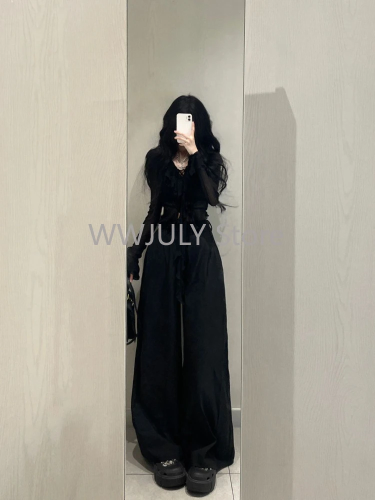 Fashion V-neck Ruffles Black Long Sleeve Cardigan Mujer+ Y2k High Waist Loose Wide Leg Pants woman 2024 New Two Piece Sets