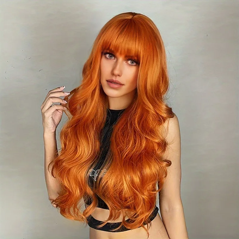 

Hot sale of synthetic wig orange long hair big wave fashion high temperature silk long curly hair full head set