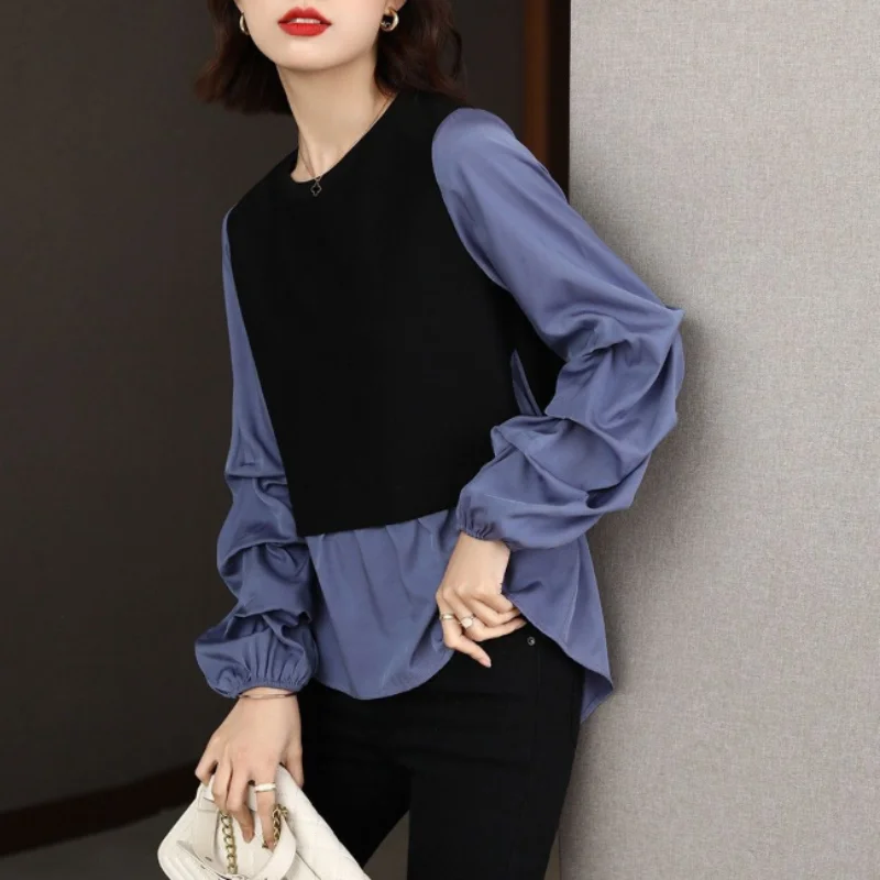 Casual Temperament Women\'s Top 2023 Autumn and Winter Fashionable New Folds Round Neck Long Sleeved Solid Color Pullover Shirt