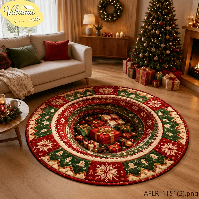 VIKAMA3D Christmas Tree Skirt Round Rug, Non-Slip Living Room Mat, Christmas Decorative Holiday Party Rug, Home Decor