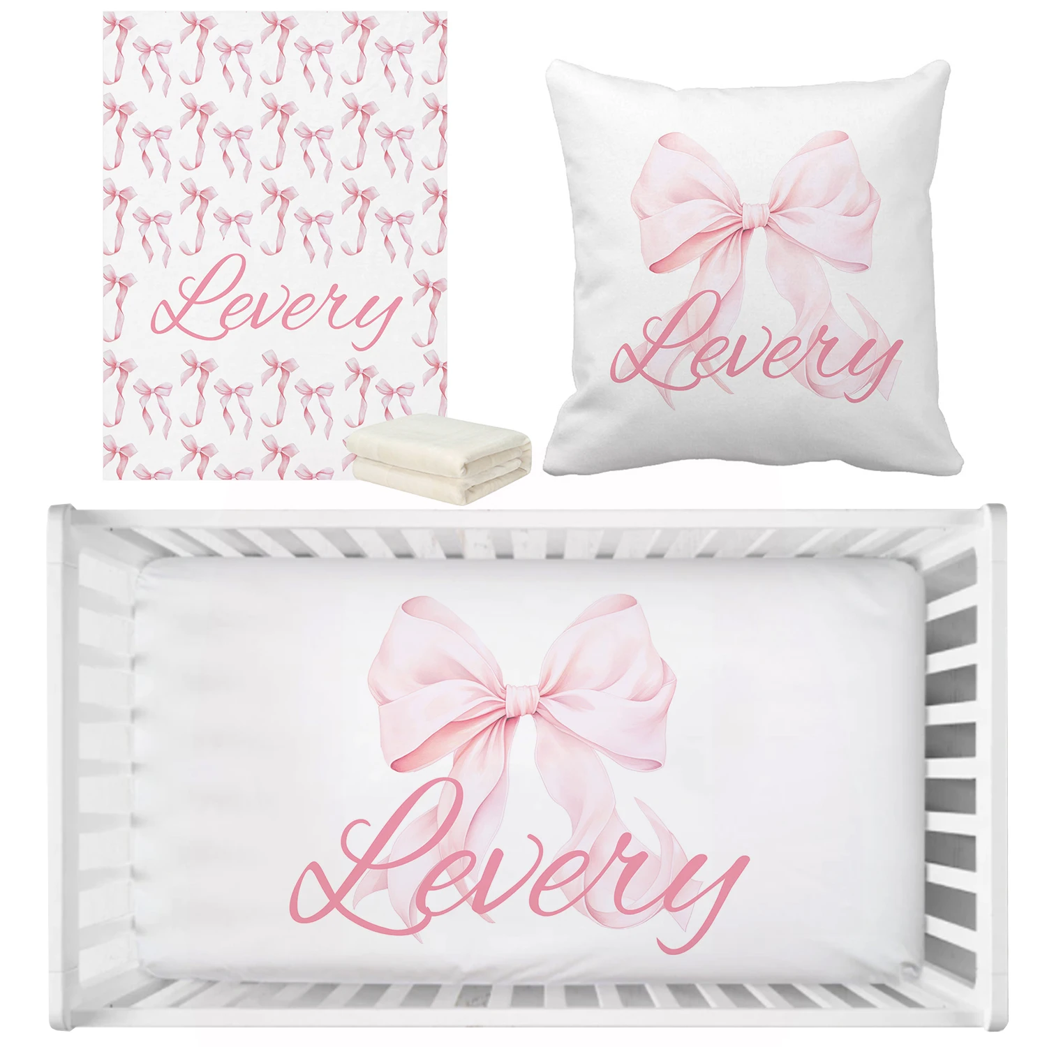 

LVYZIHO Custom Name Pink Bow Bedding Set, Baby Blanket, Baby Crib Sheet, Baby Pillow