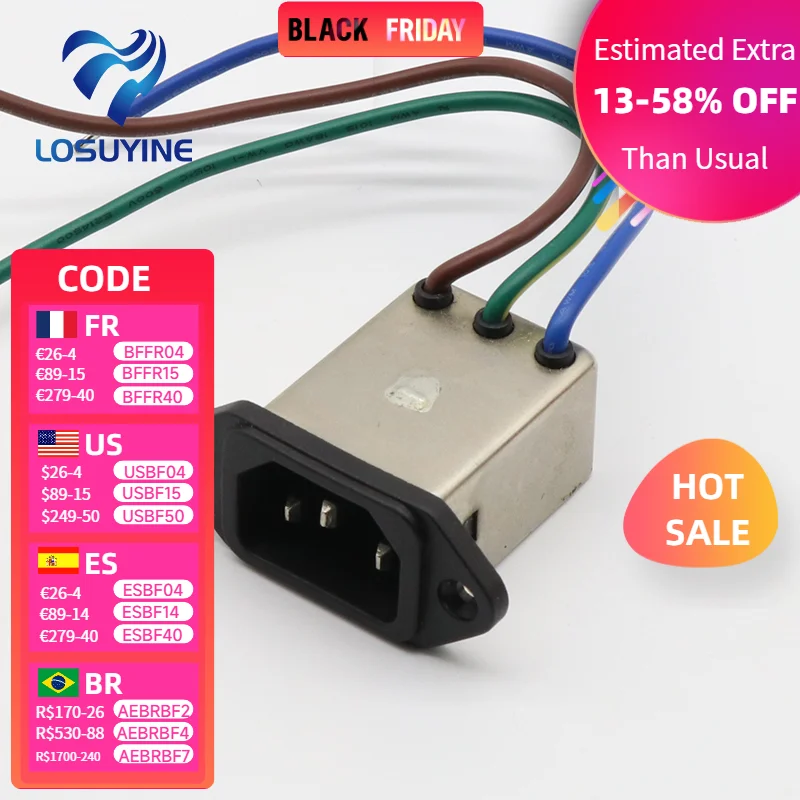 لوحة تصاعد 3 دبابيس التيار المتناوب المقبس 8A EMI تصفية 115/250VAC 8A 50/60Hz عالية ومنخفضة كورب. EMI موصل تصفية الطاقة