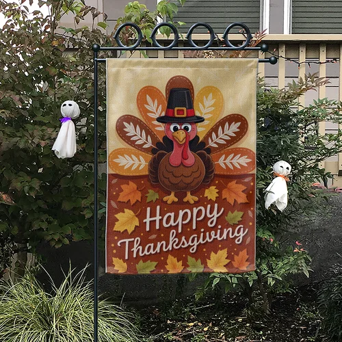 Happy Thanksgiving Garden Flag – Classic Pilgrim Turkey with Autumn Leaves Fall JJE DDI GGX