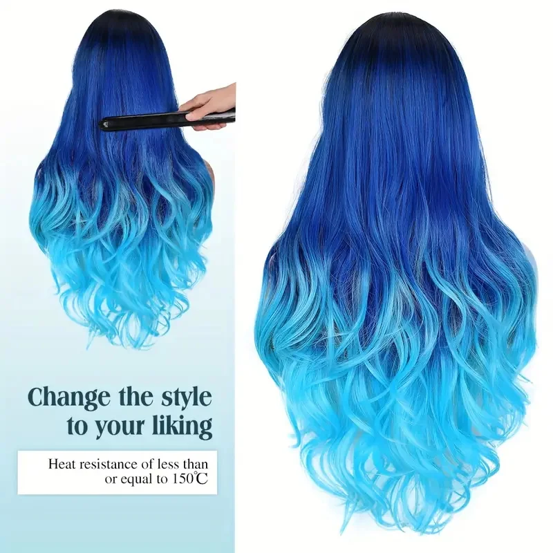 30Inch Long  wave wig Synthetic Hair Wig Black Blue Purple Gradient For Women  For Halloween Daily Cosplay Party wig
