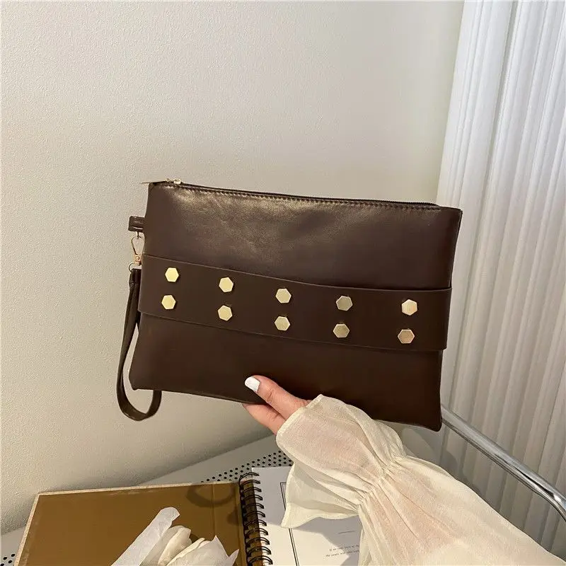

Retro Texture Rivet Small Square Bag New Korean Style Fashionable Women's Bag Trendy Solid Color Design Leather Handbag