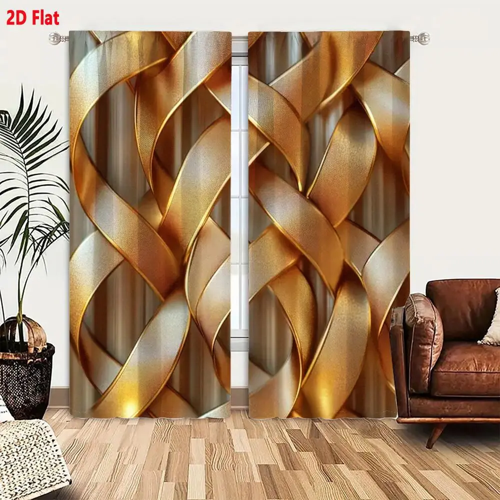 2Pcs Curtains 2D Flat Intricate Three - Dimensional Pattern Interwoven Golden Satin - Like Ribbons Crisscrossing Lattice Structu
