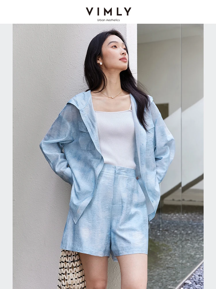 ชุดเซ็ทเสื้อยืดแขนยาวมีฮู้ดและกางเกงขาสั้นลำลองสไตล์วีมลี่สำหรับผู้หญิง ลายไล่เฉดสี เรียบง่าย สไตล์วันหยุดฤดูใบไม้ผลิ 2025