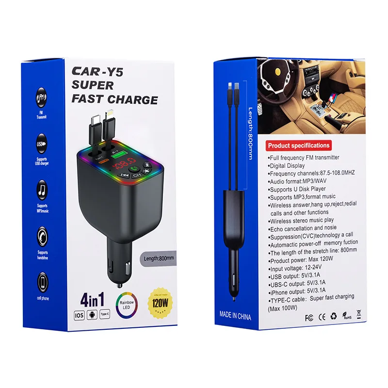 

Y5 Retractable Bluetooth Car MP3 Charger - Fast Charge, Digital Display with Colorful LED, USB Cigar Adapter & Flash Drive