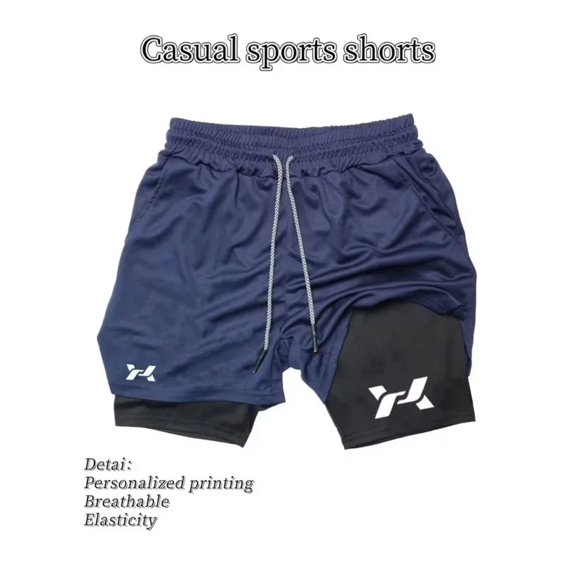 Men's double-layer sports shorts with drawstrings, tight-fitting design, can hold a phone and hang a towel
