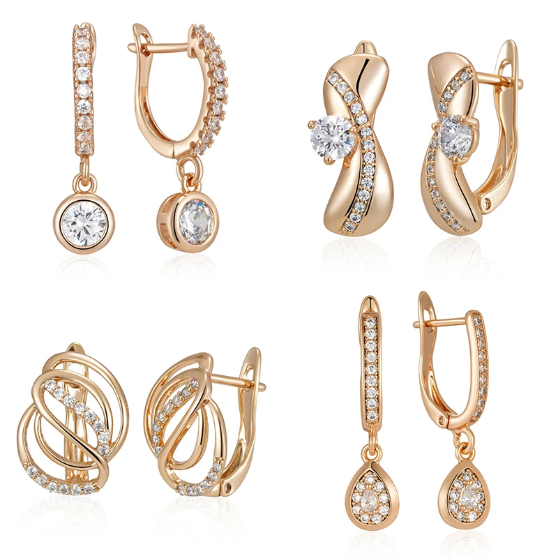 Kinel Innovatives Design, 4 Stile, 585er Roségoldfarbene Tropfenohrringe für Damen, modische Accessoires mit natürlichem Zirkon, Hochzeitsschmuck