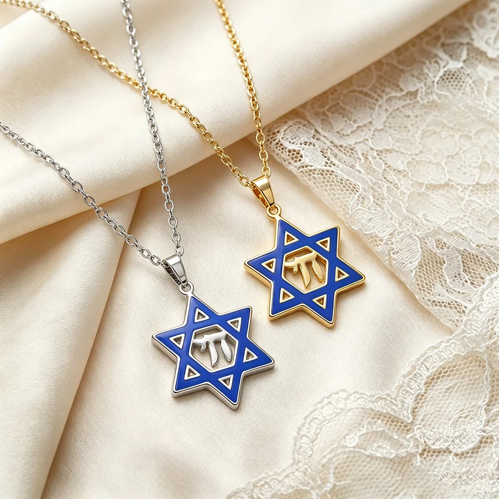 Star of David Chai Pendant Necklace for Men Women Hexagram Blue Enamel Hebrew Chai Symbol Judaica Amulet Religious Jewelry