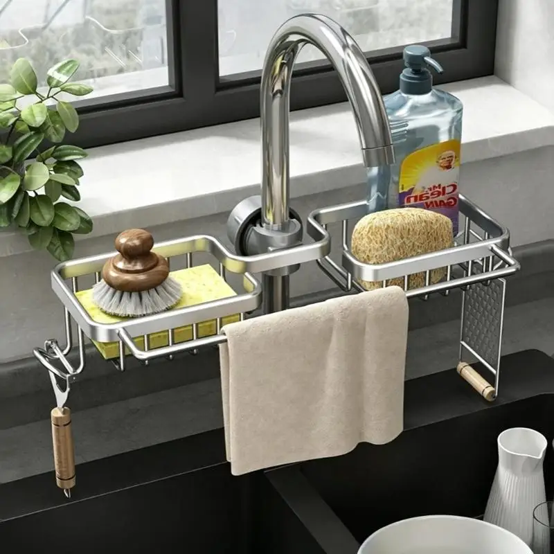 Kitchen Space Aluminum Sink Drain Rack Soap Sponge Towels Storage Faucet Holder Organizer Accessories