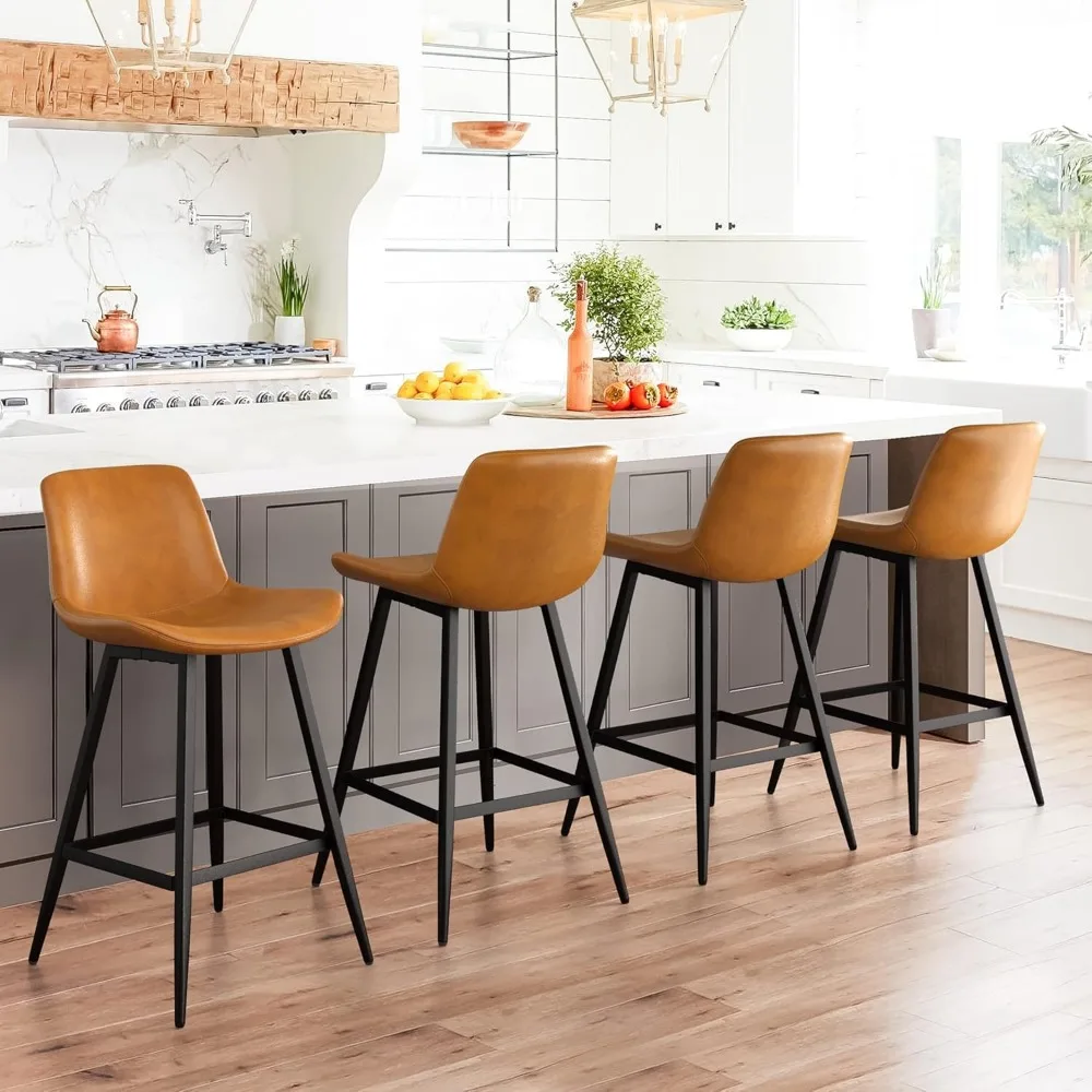 Bar Stools, 26", Upholstered Bar Stool with Back Set of 4, Faux Leather Performance Material in Whiskey Brown, Barstools