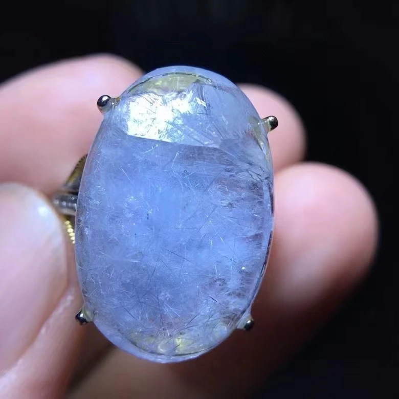 Natural Blue Rutilated Dumortierite Quartz Adjustable Ring Big Oval 21.8/14.5mm Woman Men Ring Jewelry AAAAAAA