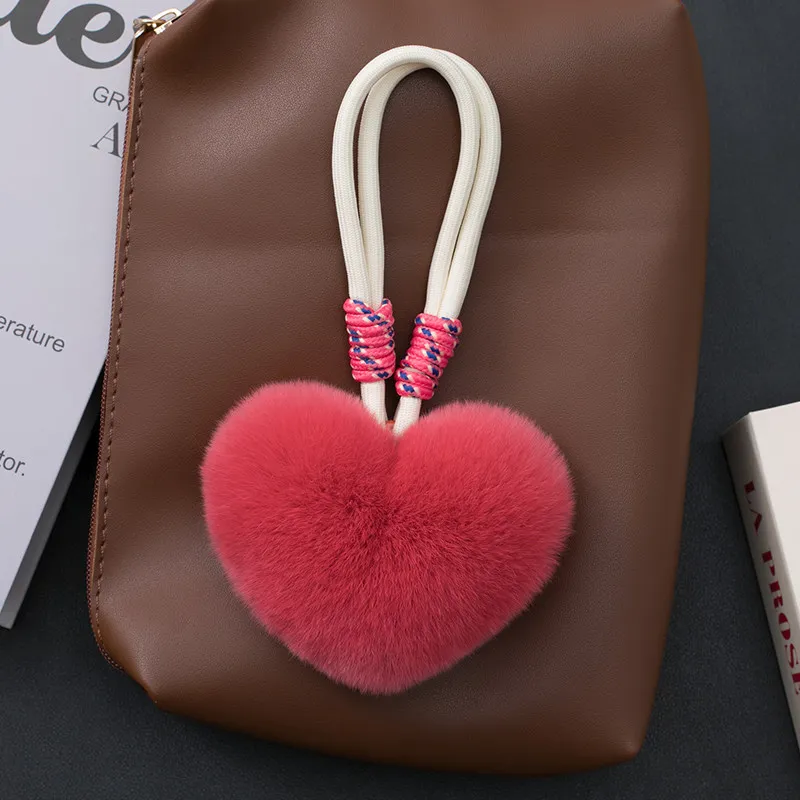 Echter Rex-Kaninchenfell-Herzanhänger, Flauschiger Ball als Rucksack-Dekoration, Handgefertigte Quaste als Geschenk – Detail 1
