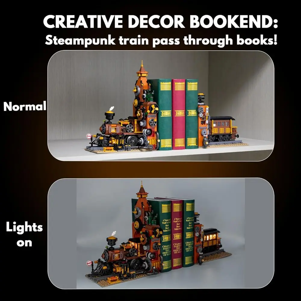 Podpórki do książek w stylu steampunk z klockami konstrukcyjnymi, funkcją podświetlania, szczegółowym mechanizmem (1252 elementy)