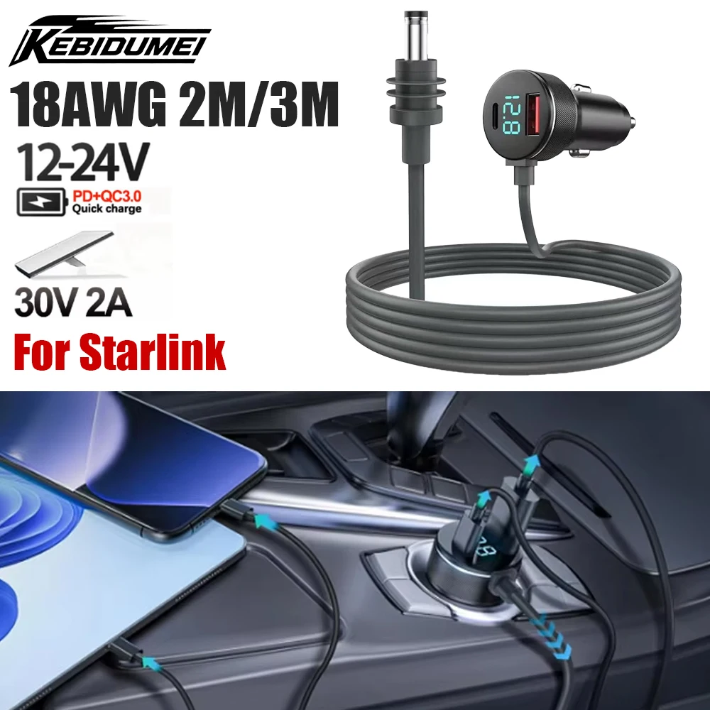 Carregador para Starlink Mini Tipo-C com Acendedor de Cigarros QC PD 12V-24V, Carregador Veicular com Voltímetro Digital e Cabo de Extensão à Prova d'Água de 2/3M