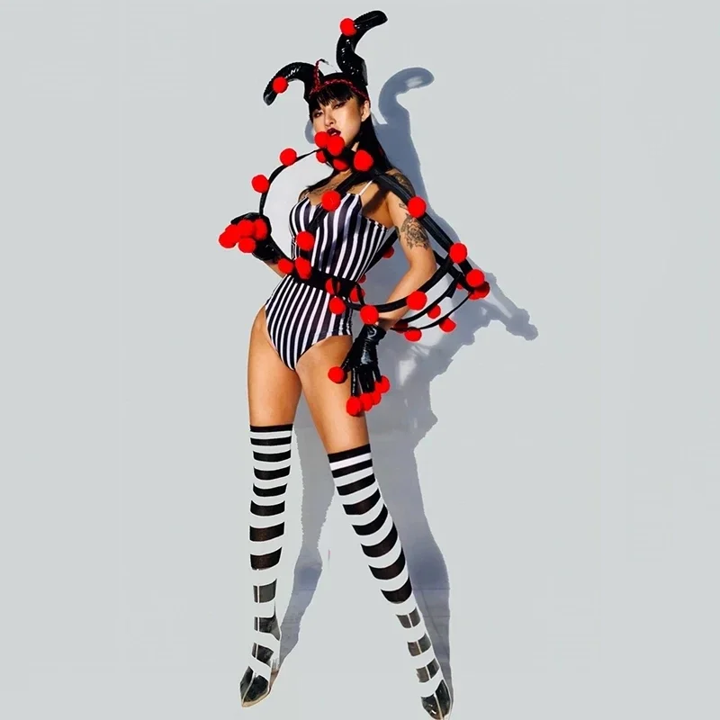 Circus Clown Party Show Dance Costume Black White Striped Bodysuit Ox horn Headdress Stage Outfit DJ Singer Nightclub Clothes