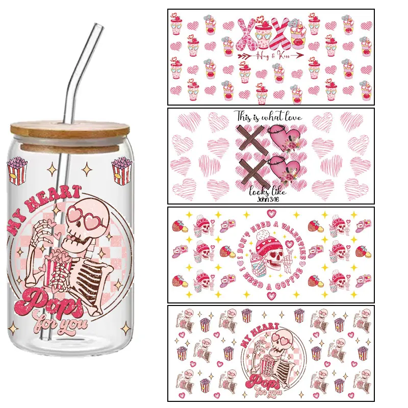 

Valentine's Day Series strawberry coffee cup Skeleton illustration lovely Pink Waterproof transfer printing sticker