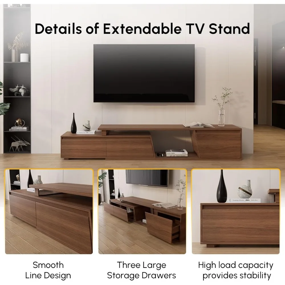 Extendable TV Stand with 3 Drawers Minimalist Rectangle Entertainment Center Walnut TV Console Table Up to 110"