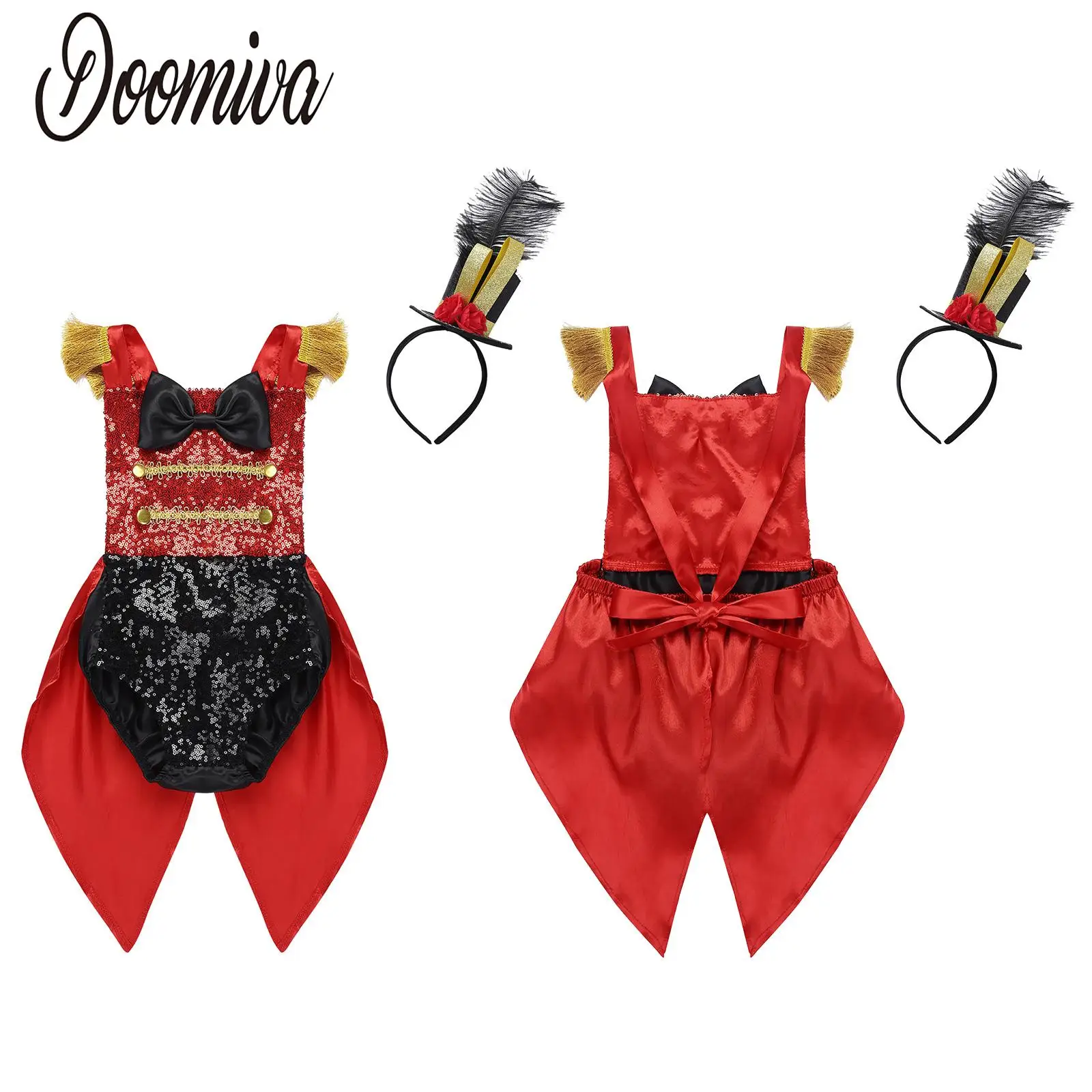 

Littler Girls Circus Ringmaster Showman Costume Sleeveless Shiny Sequins Romper with Feather Hat Halloween Cosplay Party Outfit