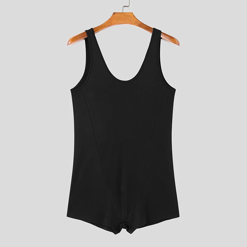 INCERUN Men Well Fitting Bodysuits 2024 Casual Solid Color Sleeveless Onesies Handsome Fashion Simple Comfortable Homewear S-3XL