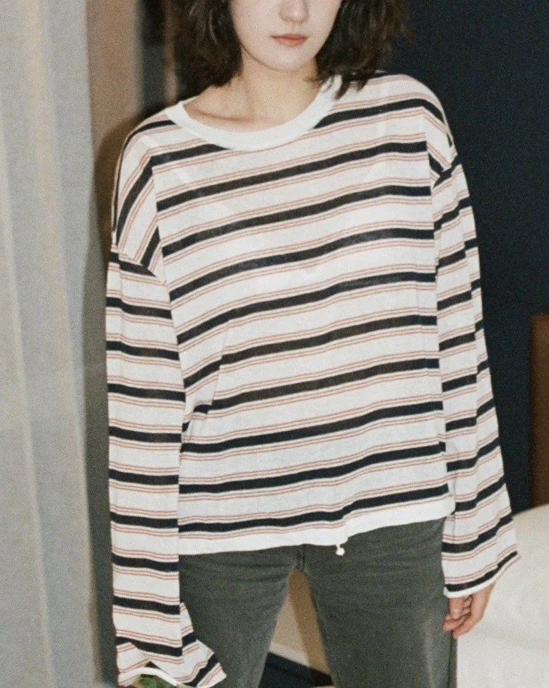 

MOSA26 Summer New Knitted T-Shirt Cotton Linen Long Sleeve round Neck Drawstring Hem Striped Women's Loose Fit Moisture Wicking