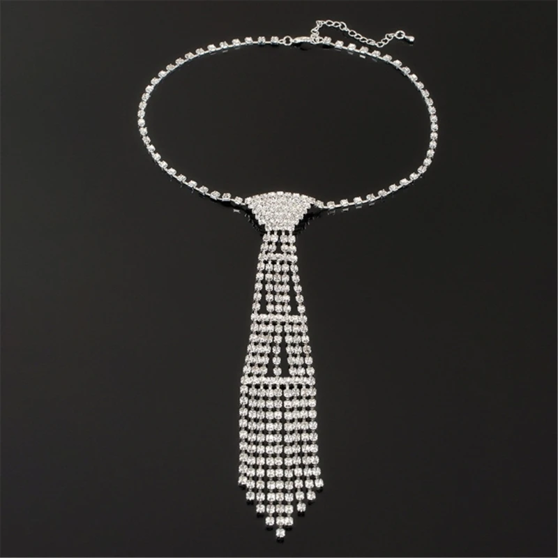 

fashion and luxurious Faux Crystal necktie Necklace flash Rhinestone Long Necklace bead chain sexy ladies wedding jewelry gift