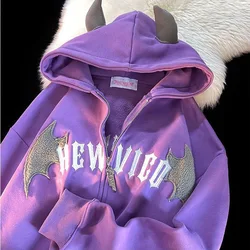 Hip hop escuro morcego asa diabo chifre gótico zip up hoodie jaqueta masculino feminino oversized moletom kawaii roupas harajuku inverno y2k