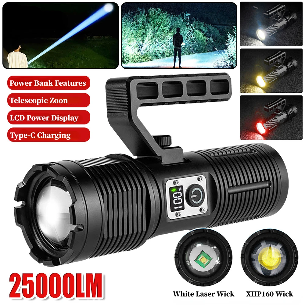 Powerful White Laser Flashlight Waterproof Rechargeable  Zoom Lantern Power Bank Built-in  4*18650 Battery Waterproof Handlamp
