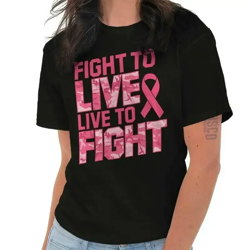 Fight to Live Live to Fight Breast Cancer Womens Graphic Crewneck T Shirt Tee