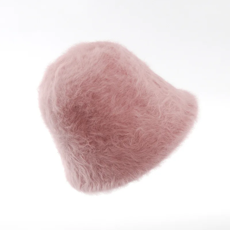 Rabbit Fur Bucket Hat Winter Warm Knitted Beanie Fisher Hat for Women Lady Korean Style Soft Plush Trapper Cap​​