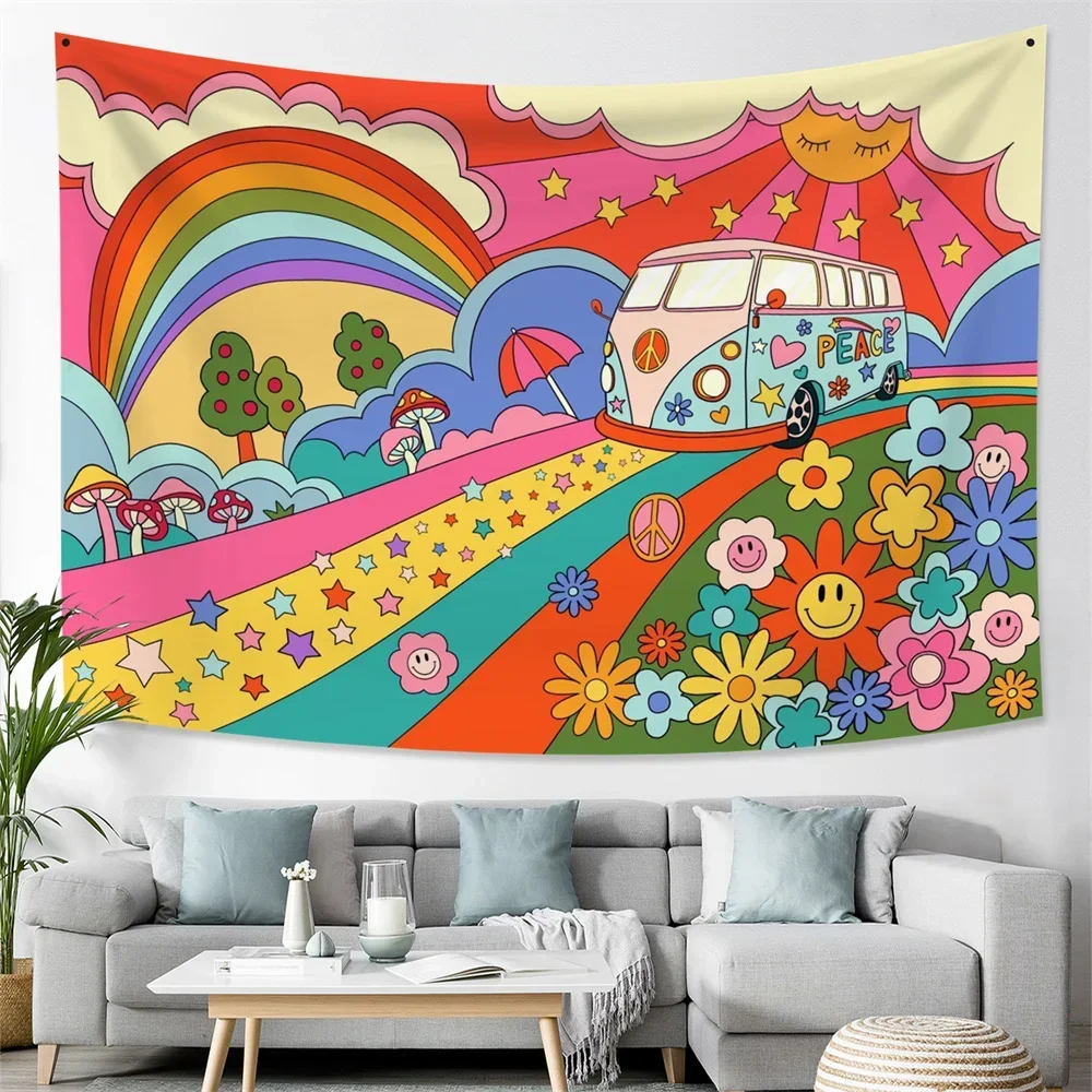 Retro 70s Tapestry Floral Pattern Rainbow Sun Landscape Abstract Art 60s Vintage Boho Home Decor Wall Hanging