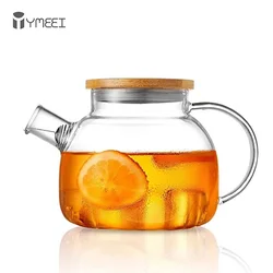 YMEEI 1L Large Capacity Borosilicate Glass Teapot Heat Resistant Clear Water Bottle Filters Flower Teapot With Bamboo Lid
