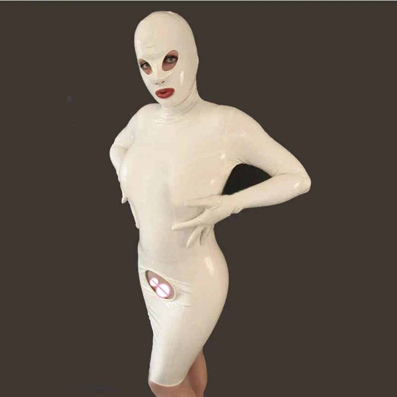 

Sexy Long Sleeve White Latex Rubber Women Dress With Hood Mask Gummi Back Zip Plus Size