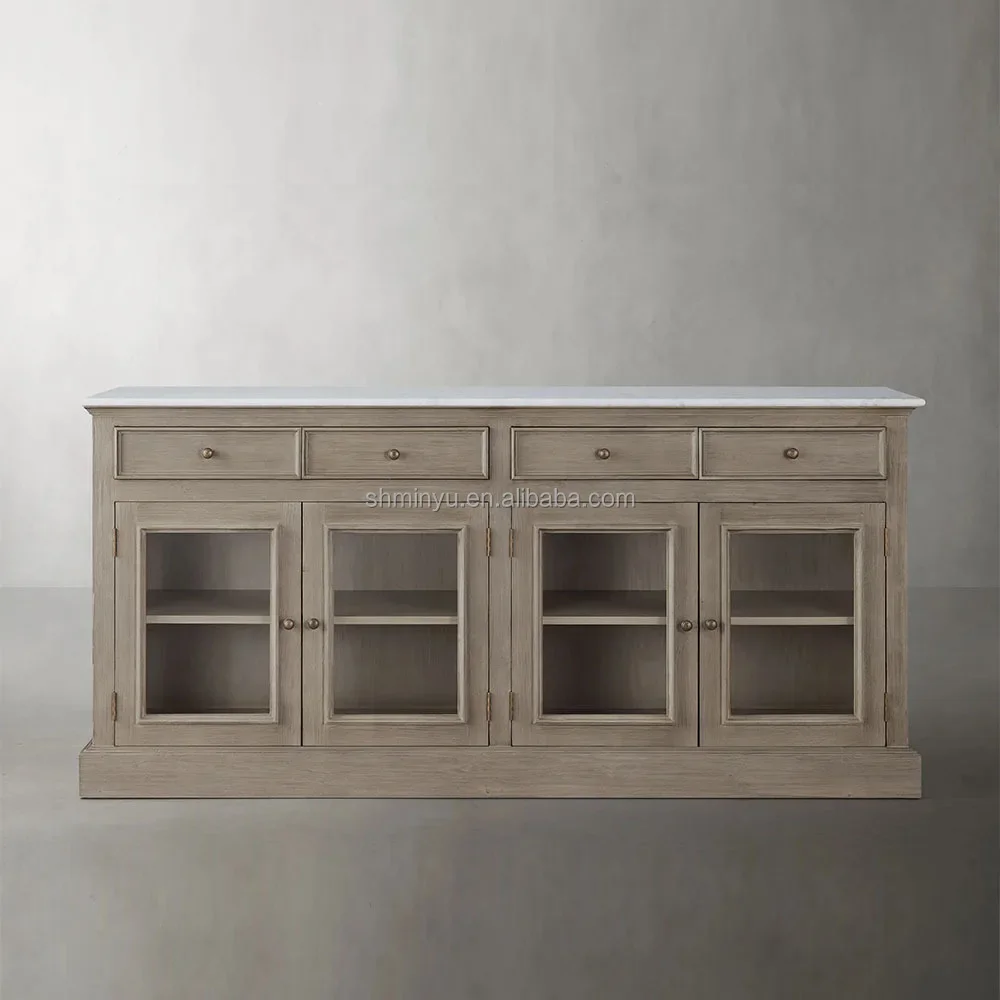 

Mid-century Antique Solid Wood Sideboard with Marble Top and Curved Glass Buffet Dining Room Furniture for Living Room