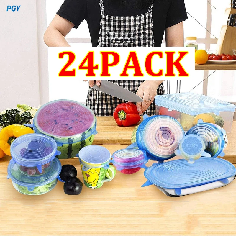 6/12/24PCS Food Silicone Cover Fresh-keeping Stretch Lid Reusable Airtight Cap Wrap Kitchen Accessories Refrigerator Storage