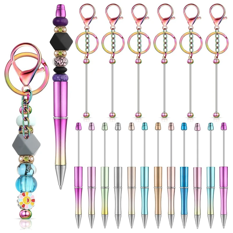 18 Pcs Beadable Pen Beaded Keychain Bars Set Kit Parts For Pendant DIY Christmas Gift Crafts Office School Supplies(Colorful)