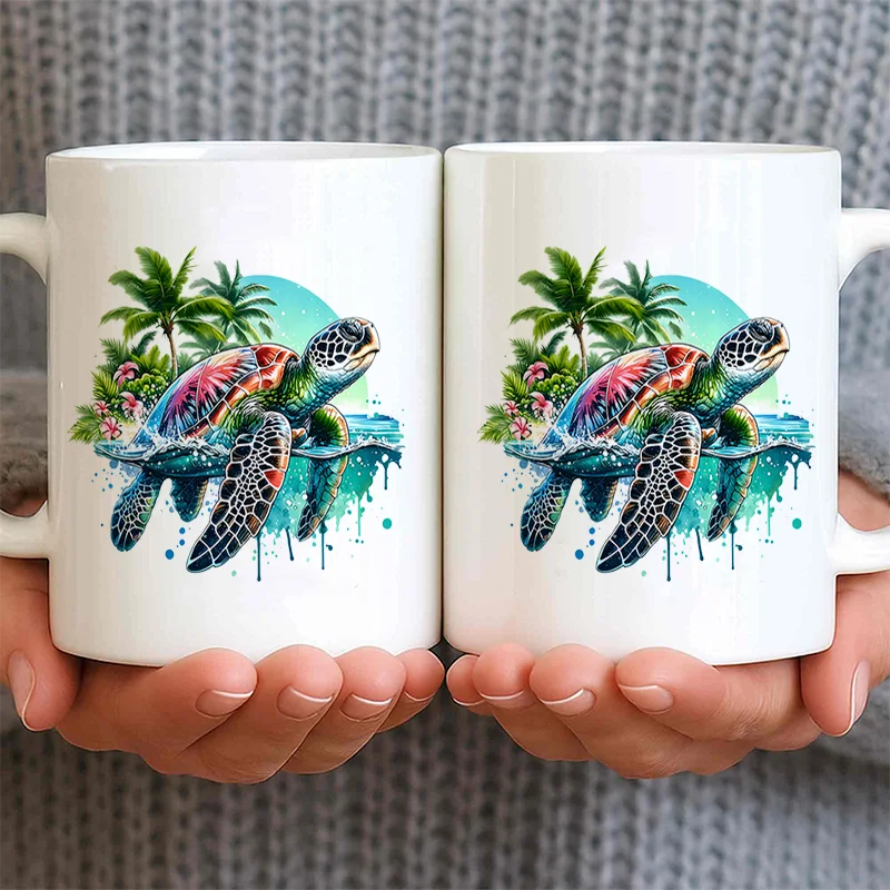 Tropical Sea Turtle Palm Tree Colorful Print Mug Ceramic Coffee Mug 11oz 350ml Personalized Custom Mug Microwave Safe Cute Aesth