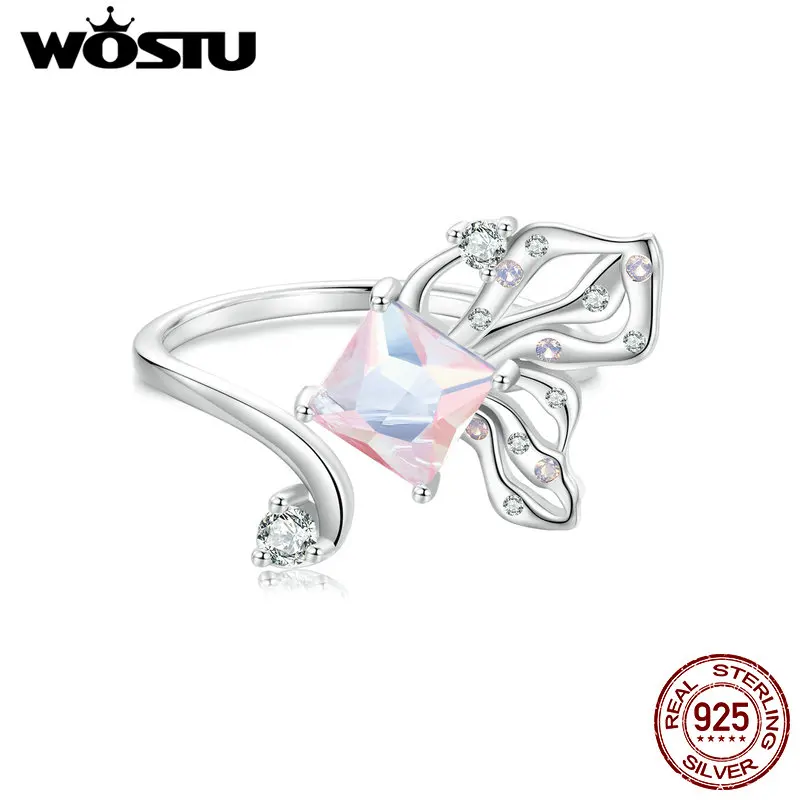 WOSTU 925 Sterling Silver Creative Pink Butterfly Open Cocktail Ring For Women Square Cut Rainbow Crystal Stackbale Party Rings