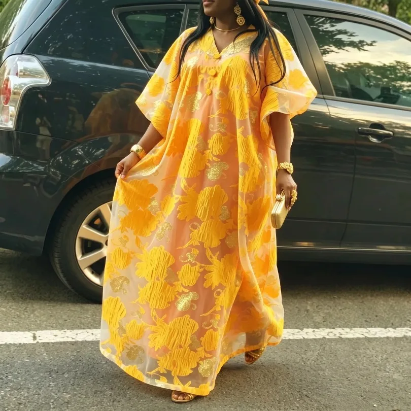 Luxury Women Jacquard African Bubu Kaftan Maxi Dress V Neck Batwing Short Sleeve Button Robe Church Party Wedding Guest Outfit