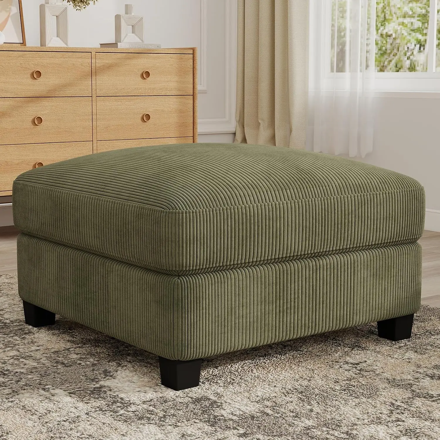 Square Corduroy Ottoman Foot Stool, Comfy Padded Seat, Light Brown, Customized