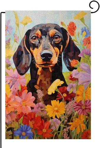 Dachshund Welcome Spring Garden Flag Double Sided, Burlap Small Daisy, 12x18 XXQ