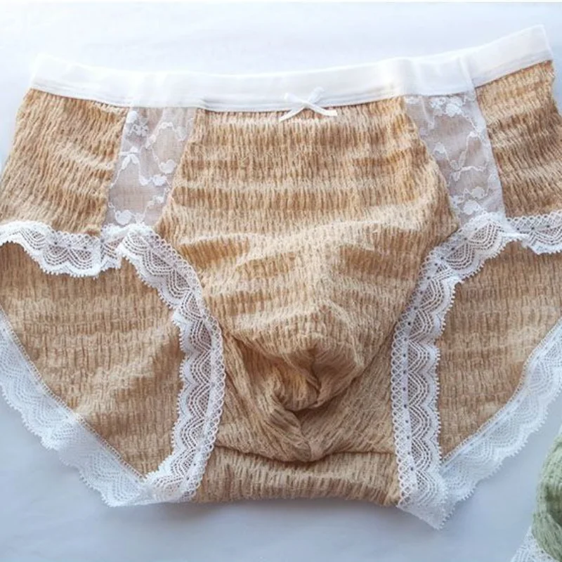 Man Elastic Panties Sweet Lace Bow Sissy Brief Mid-waist Breathable Quick-drying Lingeries Plus Size Convex Pouch Underwear