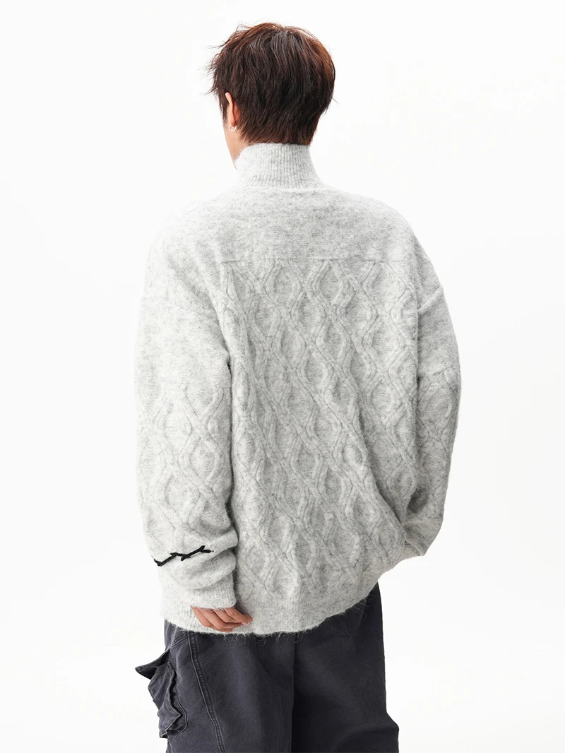 الخريف الشتاء خمر الماس نمط تصميم بدوره إلى أسفل طوق رمادي فاتح سترة الرجال فضفاضة سميكة عادية سترة مشغولة من الصوف #6