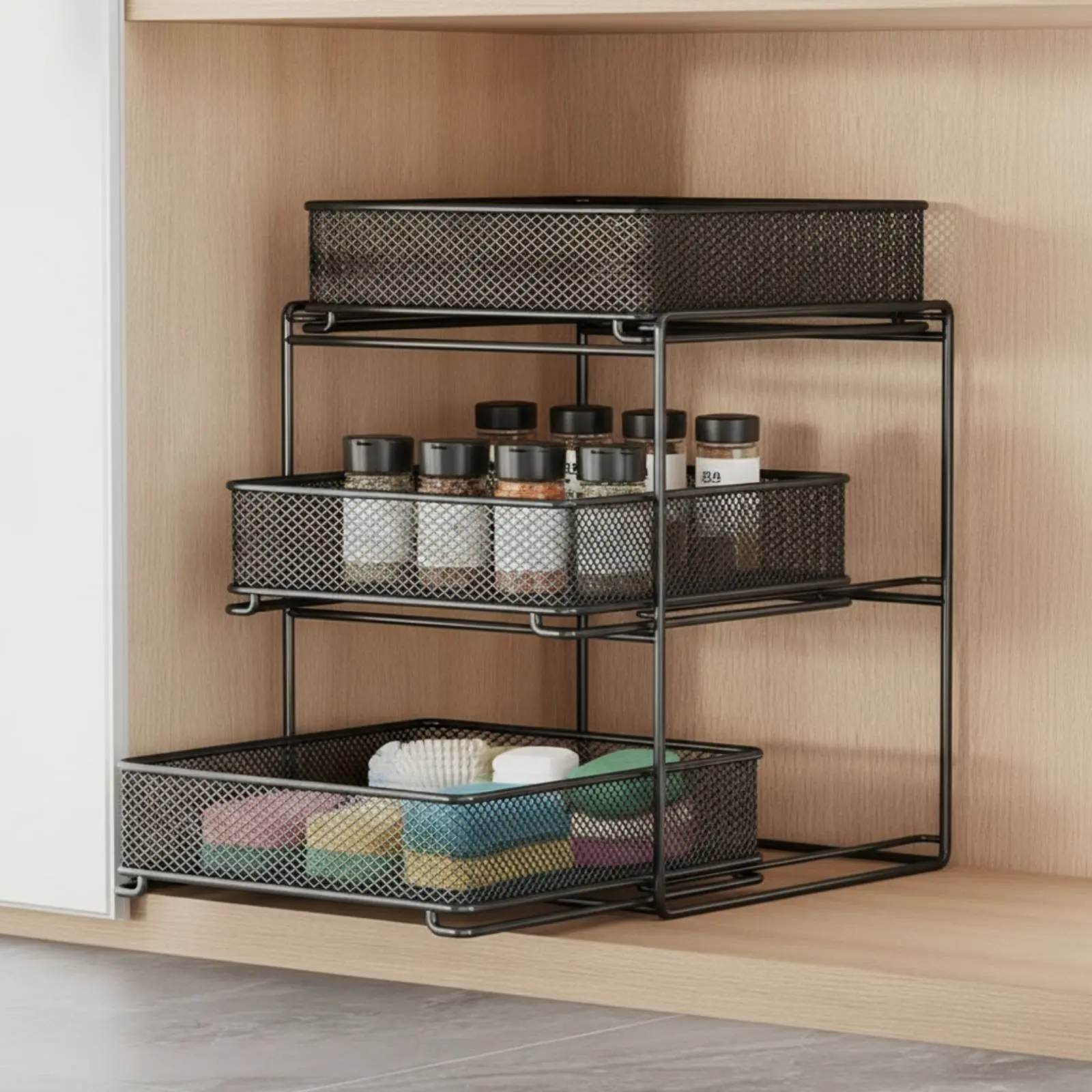 

Pull out Organizer Shelf Multi Layer Pull out Drawer Organizer Sliding Storage Drawer Sturdy Metal 3 Tier Slide Basket