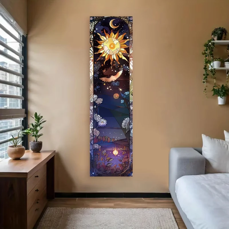 VIKAMA Sun Moon Floral Stained Glass Vertical Tapestry Bohemian Mystic Nature Wall Hanging for Bedroom Home Decor